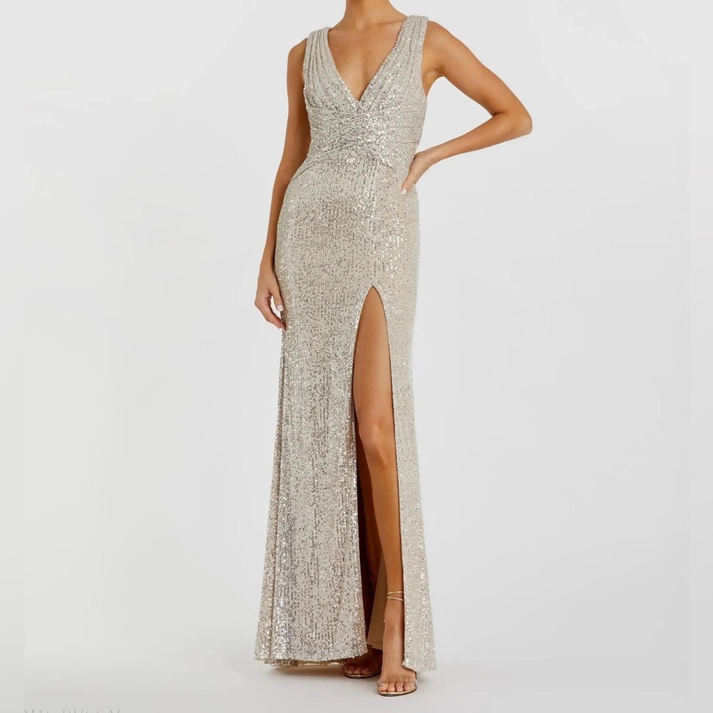 NWT | Mac Duggal 26598 Silver V-Neck Sequin Wrap Waist Gown | Sz 12 or 16